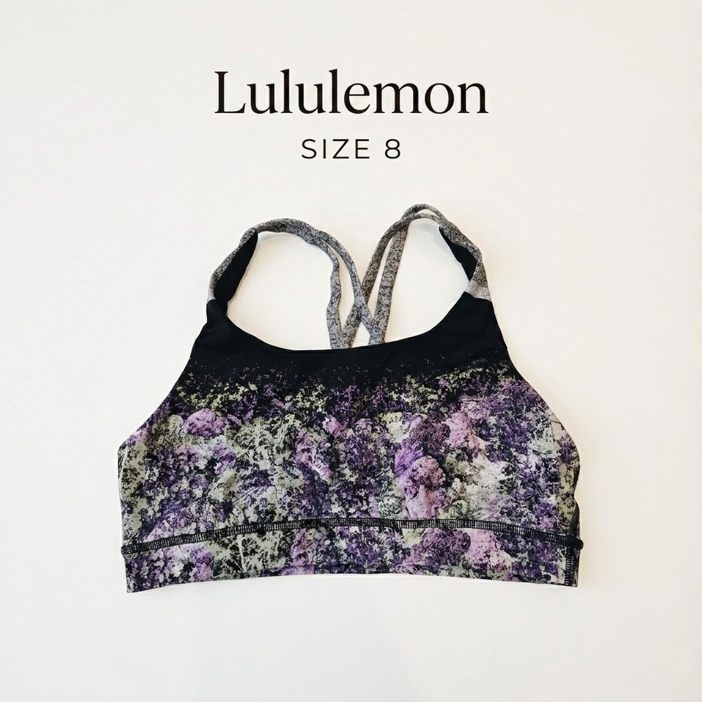Lululemon Energy Bra Luxtreme Criss Cross Back Women 8 Purple Floral Athleisure
